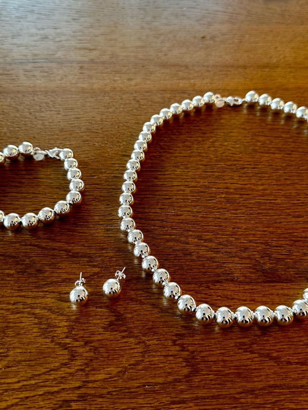 Sterling Silver Bead Necklace, Bracelet & Stud Earring Set - 925 10mm Bead